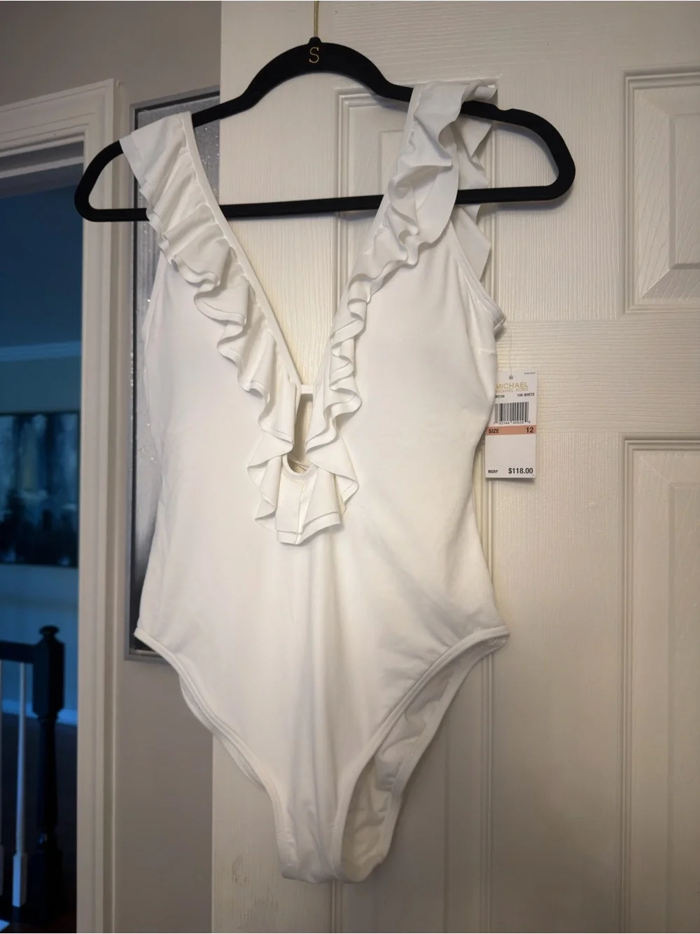 Michael Kors White Ruffle V-Neck One-Piece Swim Bodysuit